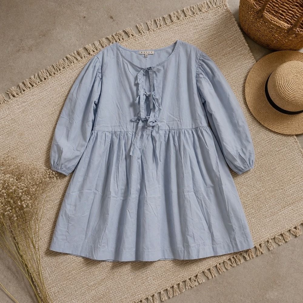 Hyfve Baby Blue Tie Front Mini Dress Cotton 3/4 Sleeve Babydoll HF25E186 Large